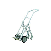 Cylinder Hand Truck feautures a Step latch design, simply press on chain with toes to release tilt support from main frame GRAVITY LOCK Secures tightly into place for easy transport of cylinder cargo